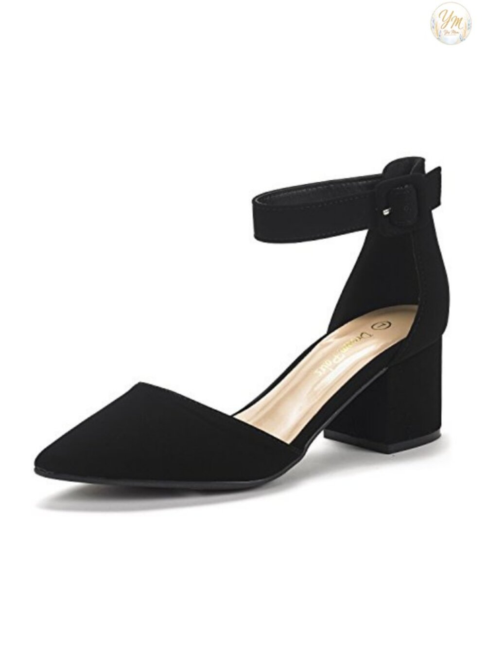Pointed Toe Low Chunky Heel Pumps with Ankle Strap & Buckle